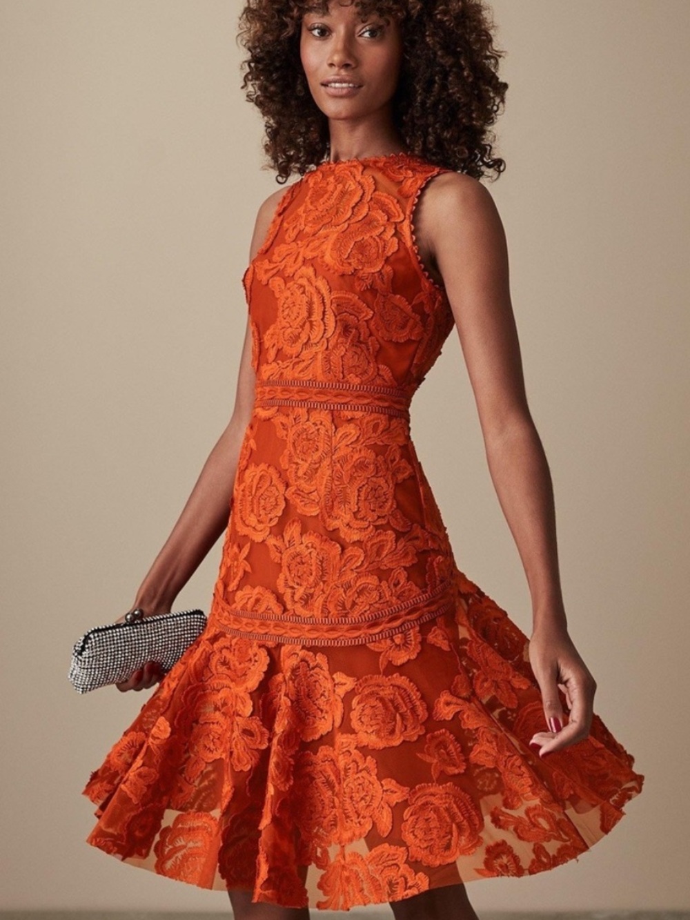 Reiss Adia Asymmetrical Hem Lace Dress In Winter Orange New Size 0 Fit And Flare